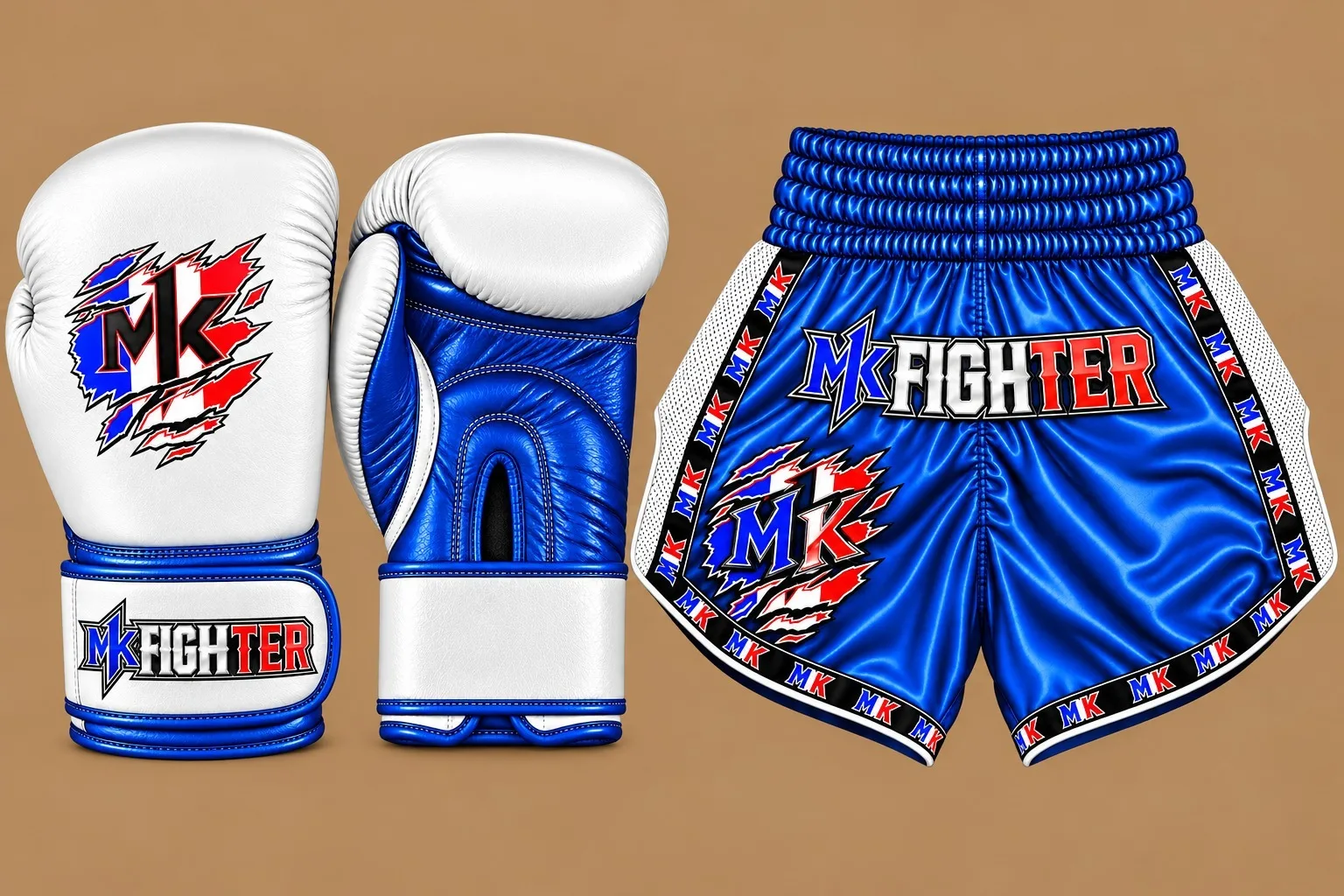 Gants et short MK Fighter bleu et blanc